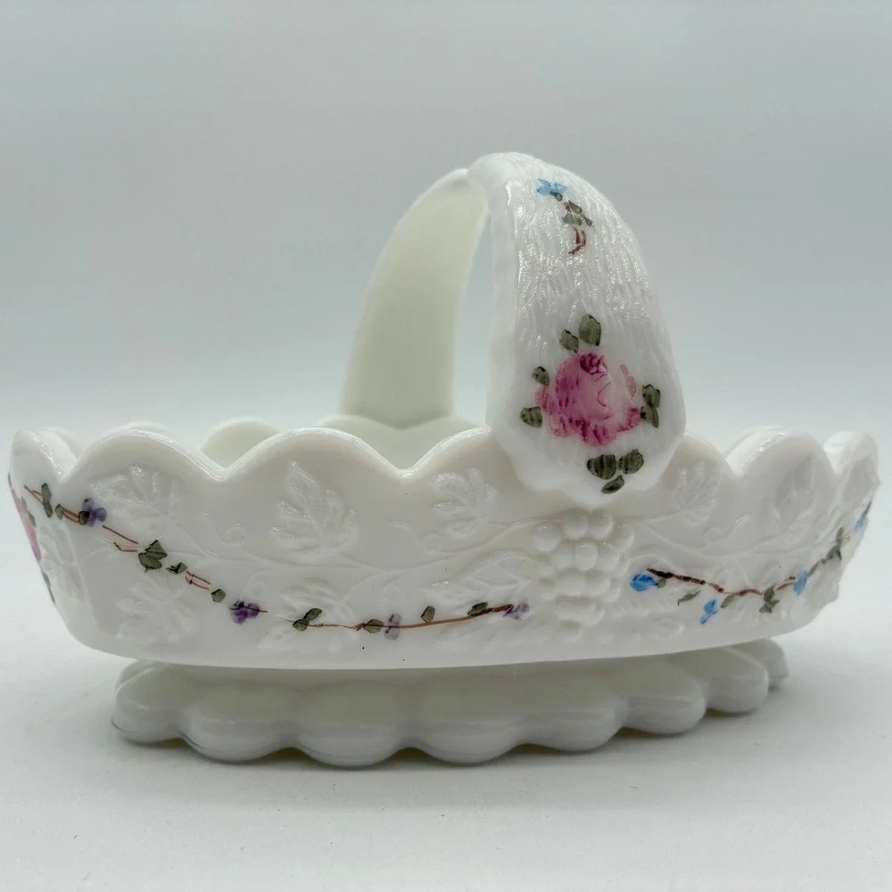 Vintage Westmoreland Roses & Bows Milk Glass Basket Grape Embossed Footed Handle